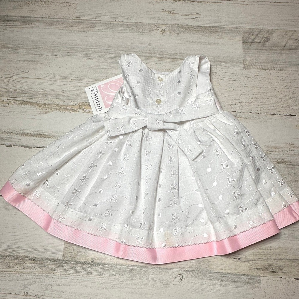 Bonnie Baby Embroidered Dress Kids 12M White Pink NEW Floral Ribbon R57443-PV - Picture 2 of 7